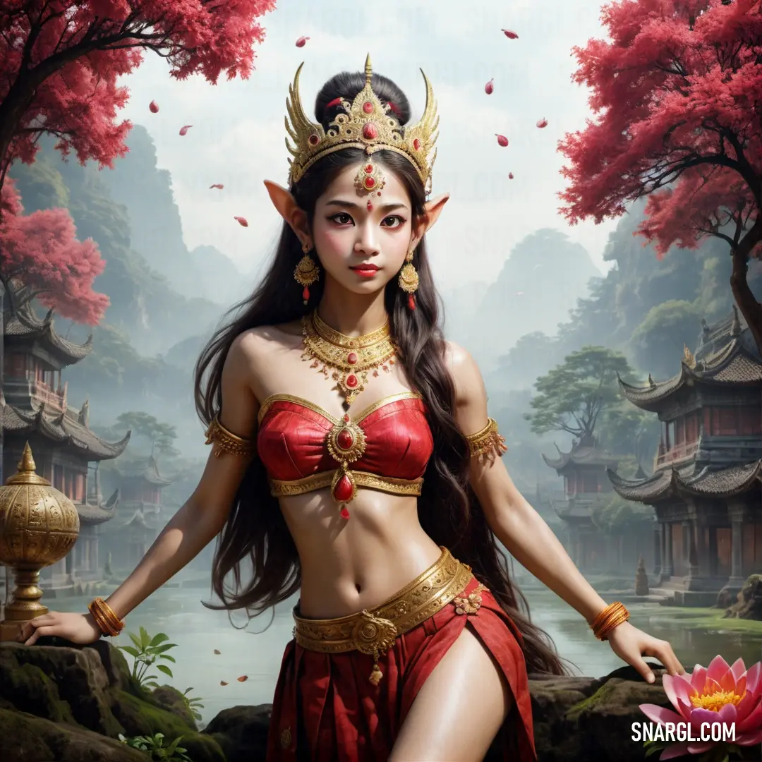 Apsara in a red bikini and gold jewelry standing in front of a pond with a lotus in her hand