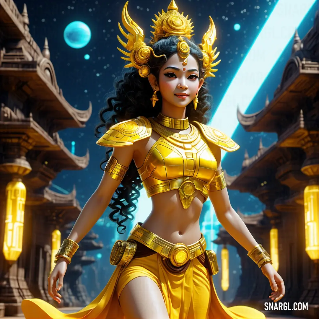 Apsara in a yellow outfit is walking in a space station with a star in the background