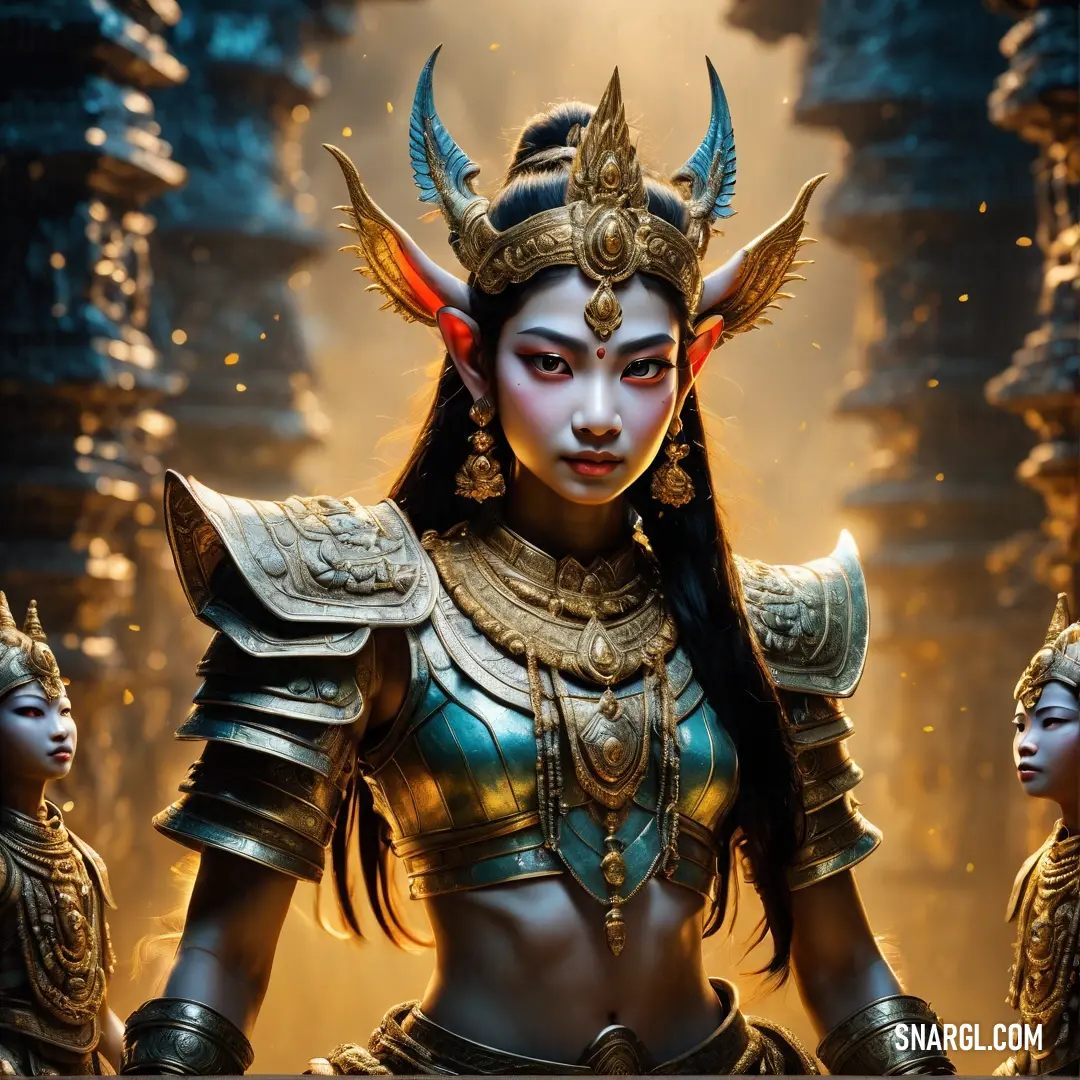 Apsara with horns and horns standing in front of a group of other women in costume and makeup
