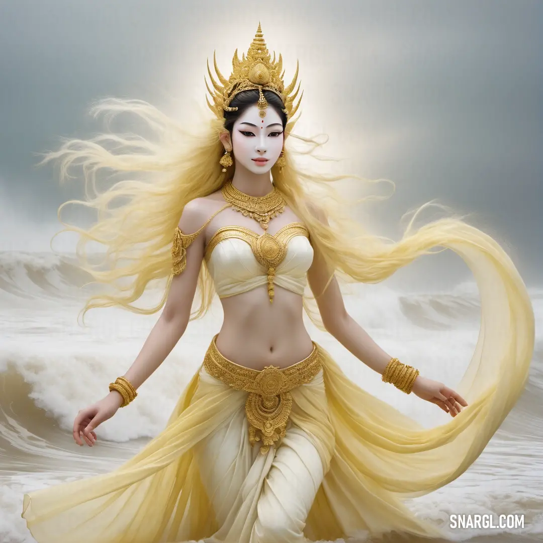 Apsara with long hair and a white face and body in a yellow costume with a flowing flowing hair