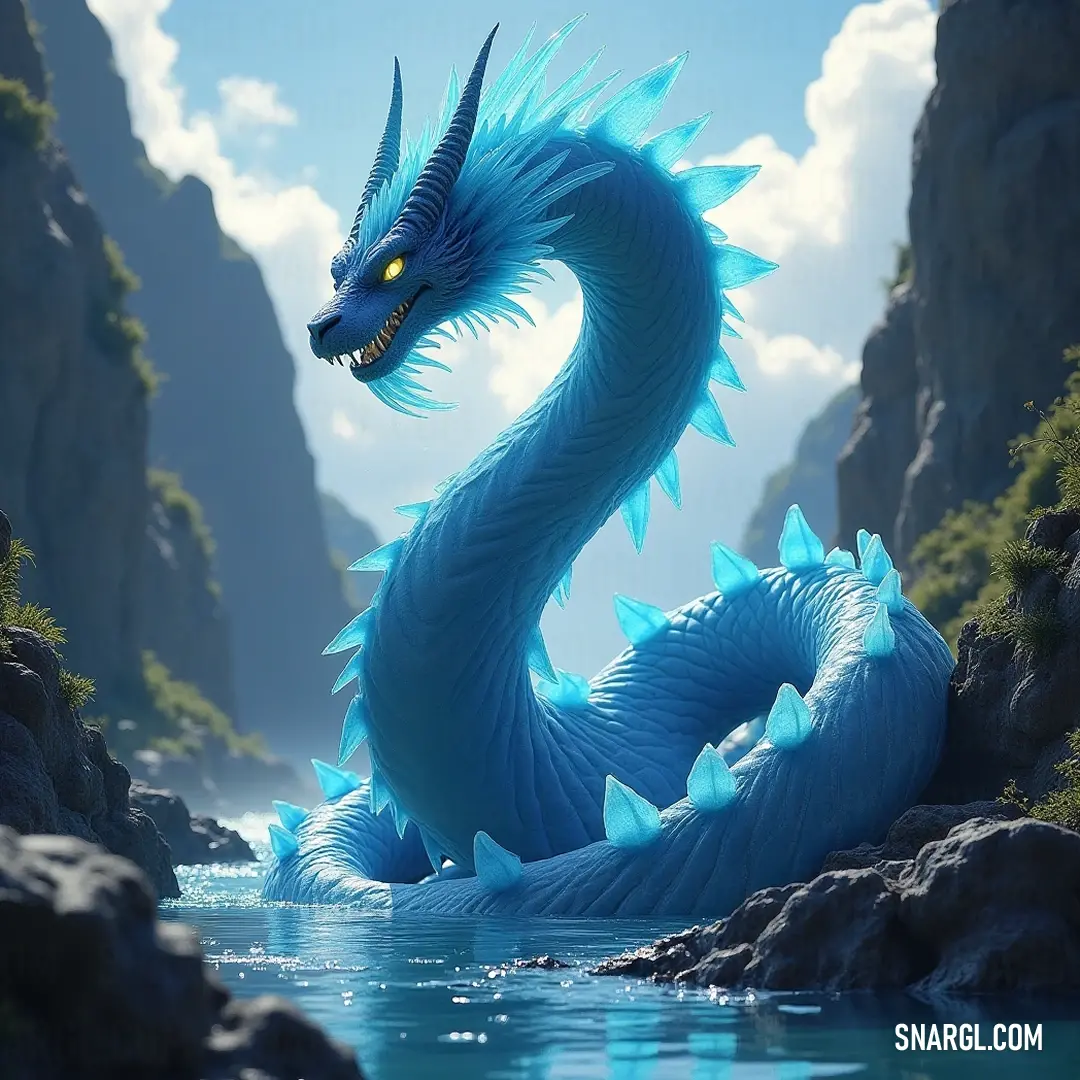A bold blue deity perches atop rugged rocks beside a flowing river, as majestic mountains loom in the distance, making for a powerful representation of strength against the backdrop of breathtaking nature. A striking blue deity stands resolute on jagged rocks, beside a gentle river whose waters mirror the majesty of the mountains in the background, creating a scene rich in natural wonder and divine presence.