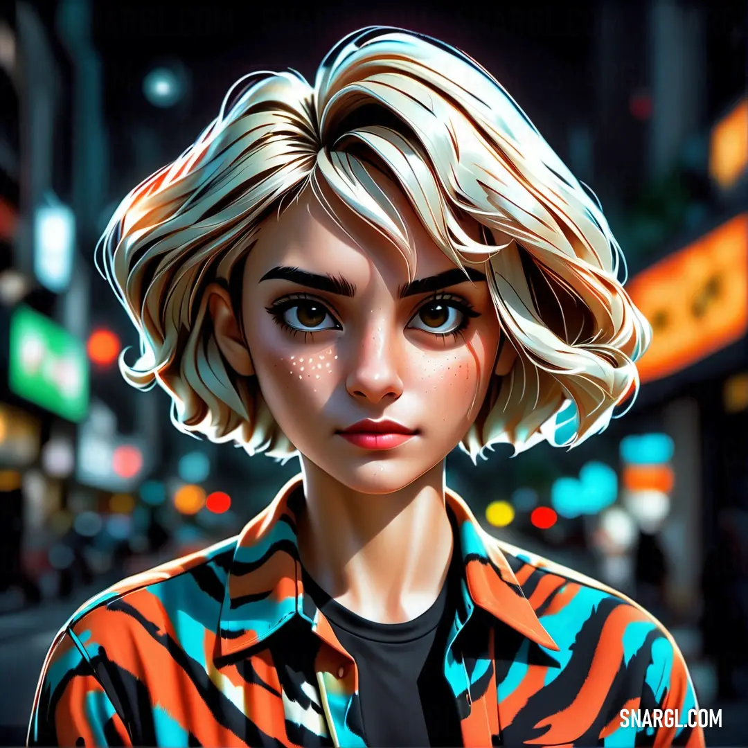 Aqua color. Digital painting of a woman in a colorful shirt and black shirt with a city street in the background