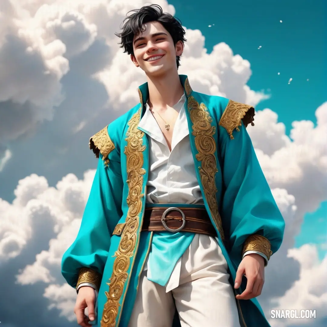 Man in a blue and gold outfit standing in front of a cloudy sky with clouds behind him and a blue. Example of RGB 0,255,255 color.