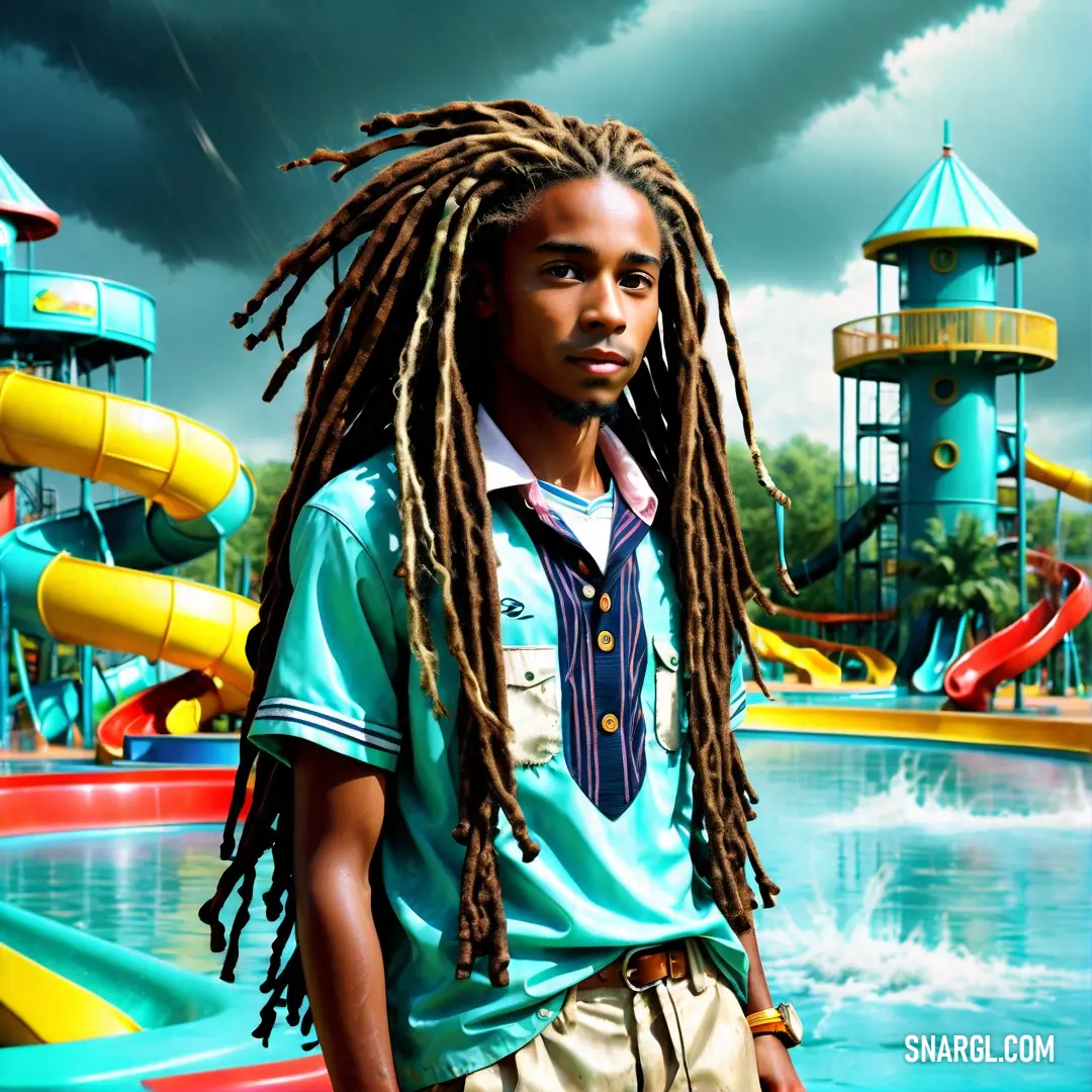 Man with dreadlocks standing in front of a water park with a water slide. Example of Aqua color.