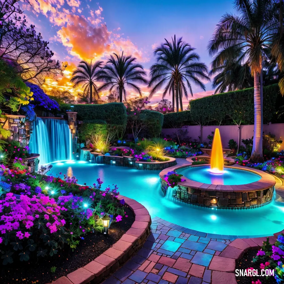Beautiful backyard with a fountain and a waterfall at night time with colorful lights and flowers around it and a palm tree