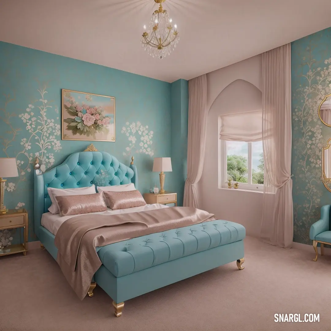 Bedroom with a blue bed and a chandelier hanging from the ceiling and a chandelier hanging from the ceiling