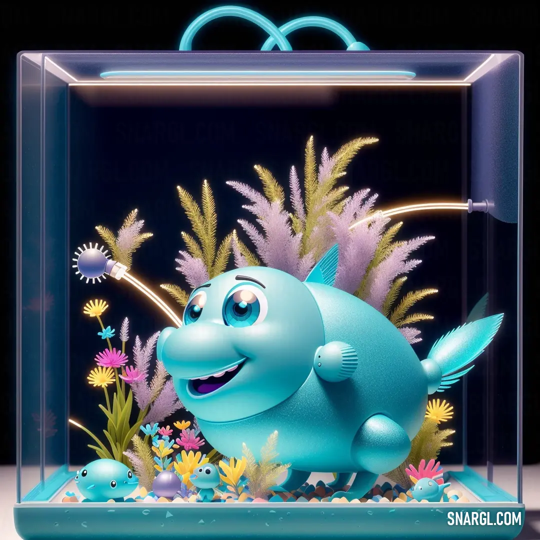 Blue fish in a glass case with flowers and plants in it's display case