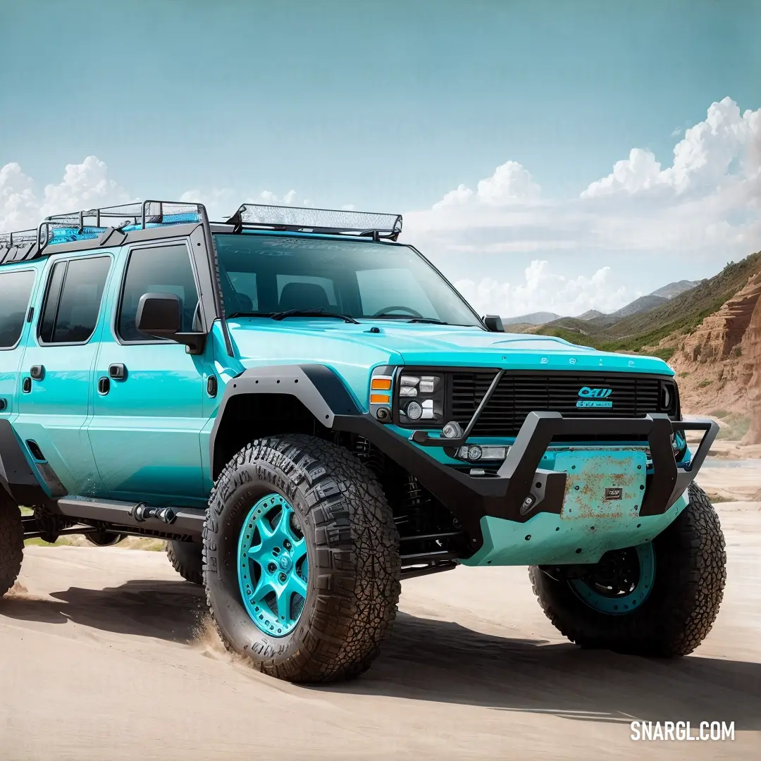 Blue truck with a rack on the back of it's tires driving down a dirt road in the desert. Color #00FFFF.