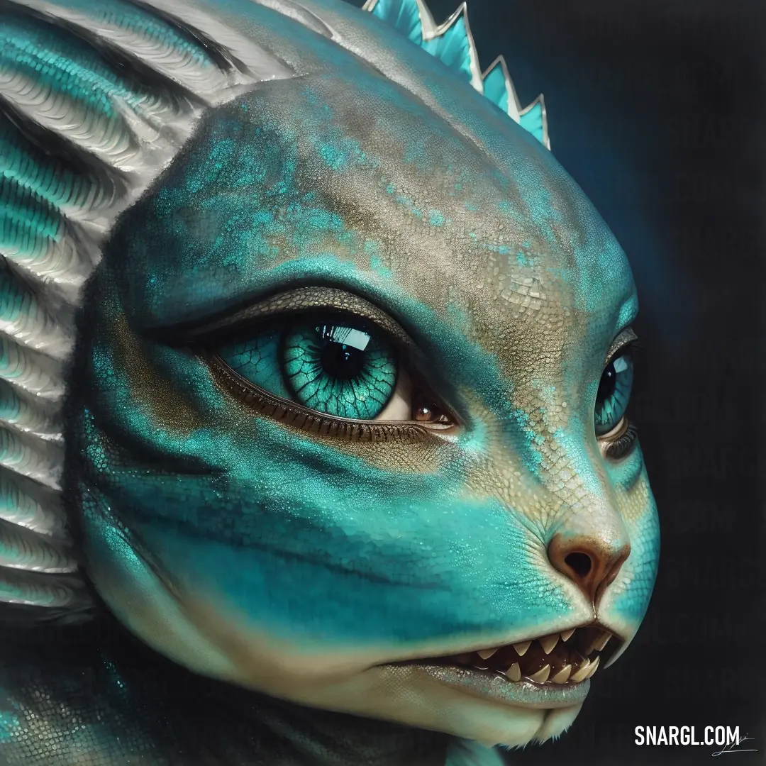Close up of a creature with blue eyes and a fish like face with a fish like body