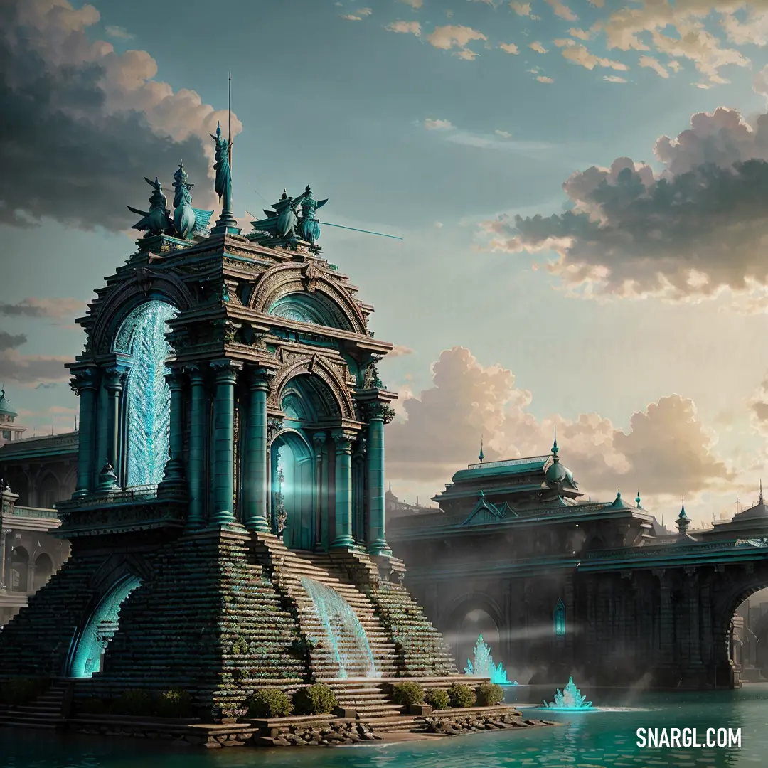 Futuristic city with a fountain and bridge in the background with a blue sky and clouds above it