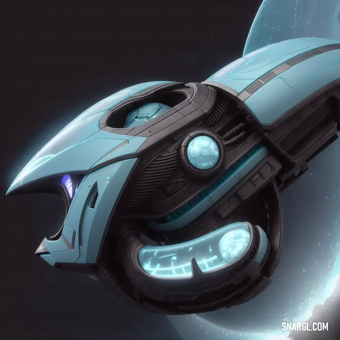 Futuristic spaceship with a glowing light on it's face and a circular object in the background that looks like a spaceship