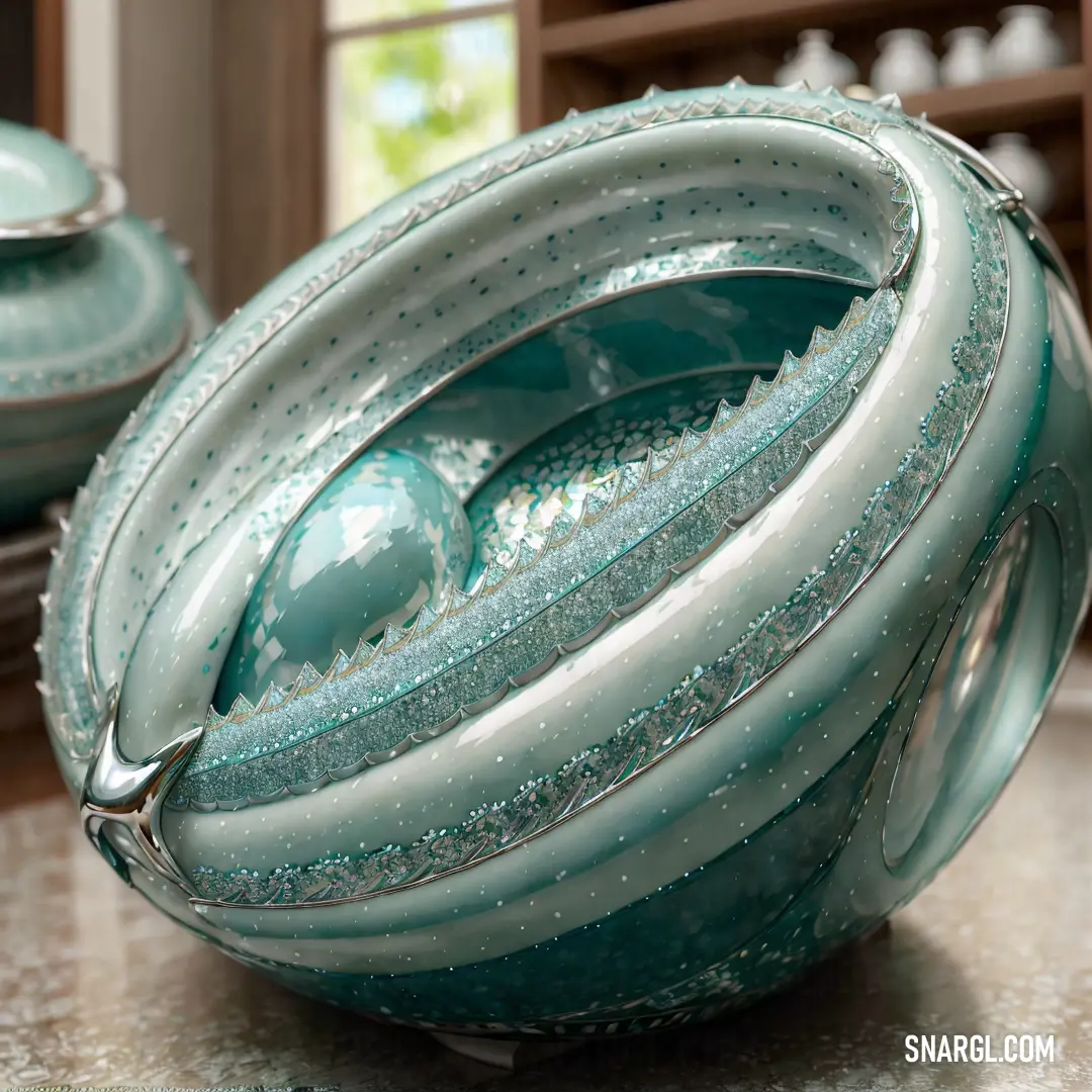 Glass ball with a handle on a table top with other glass items in the background and a window