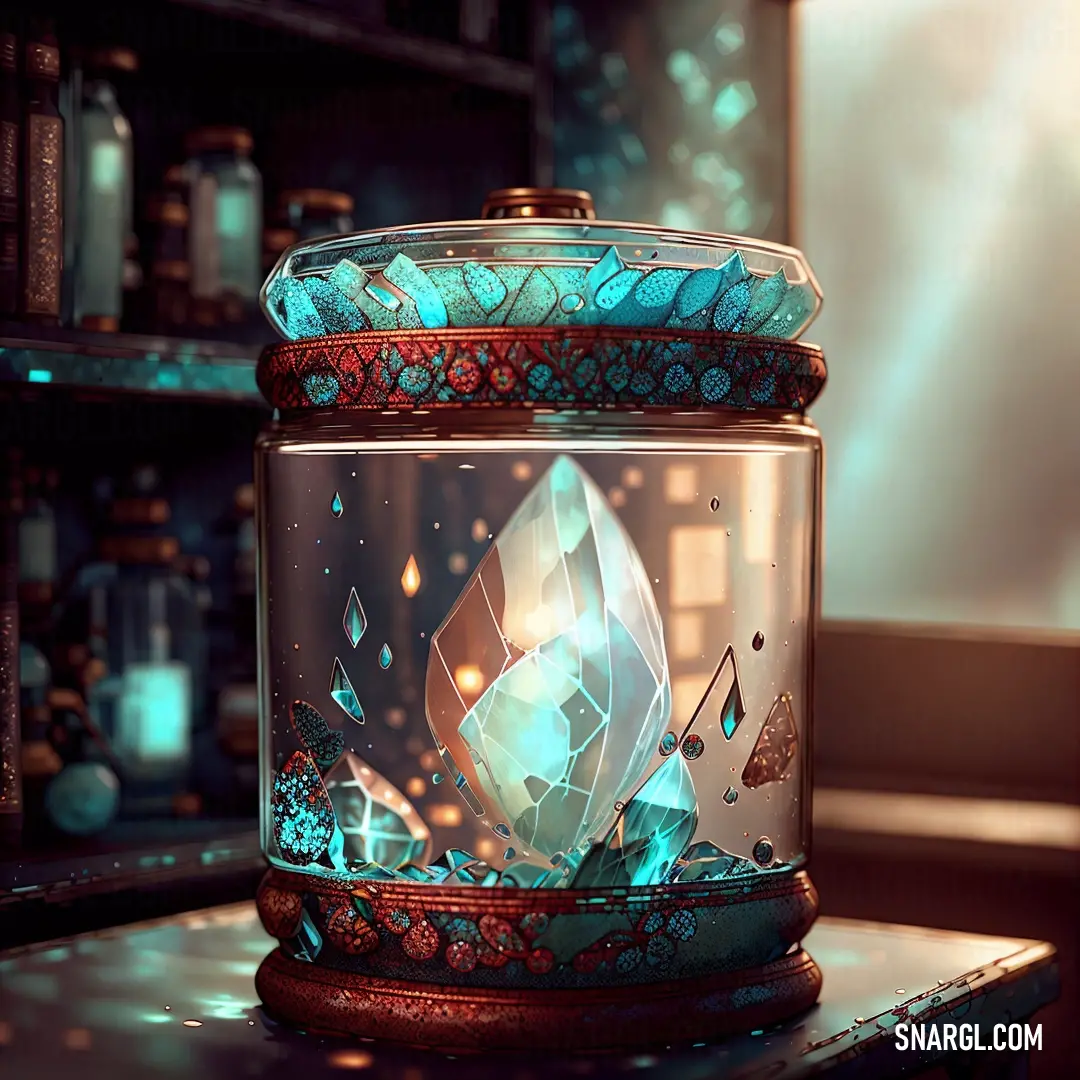 Glass jar with a diamond inside of it on a table next to a shelf with bottles and a clock. Color CMYK 100,0,0,0.