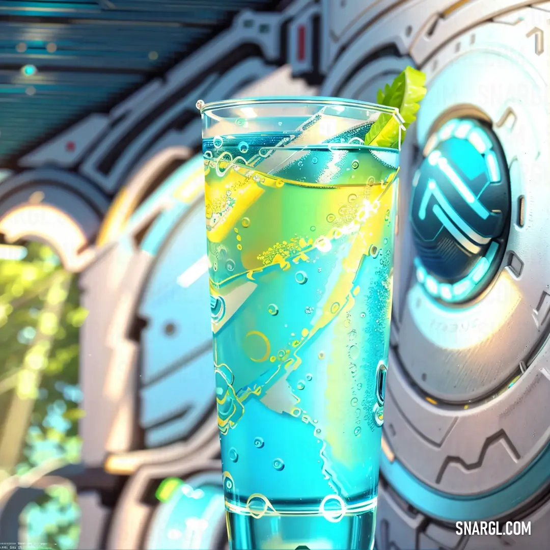 Glass of blue liquid with a lime on the rim of it and a futuristic background with a clock