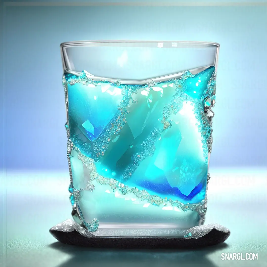 Glass with ice and water inside of it on a table top with a blue background