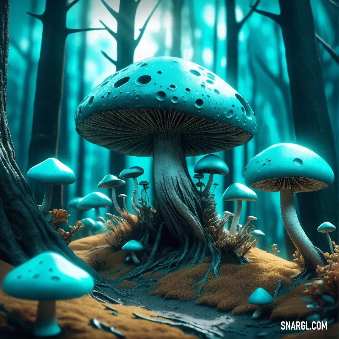 Group of mushrooms in a forest with blue hues and brown leaves on the ground and trees in the background. Example of CMYK 100,0,0,0 color.