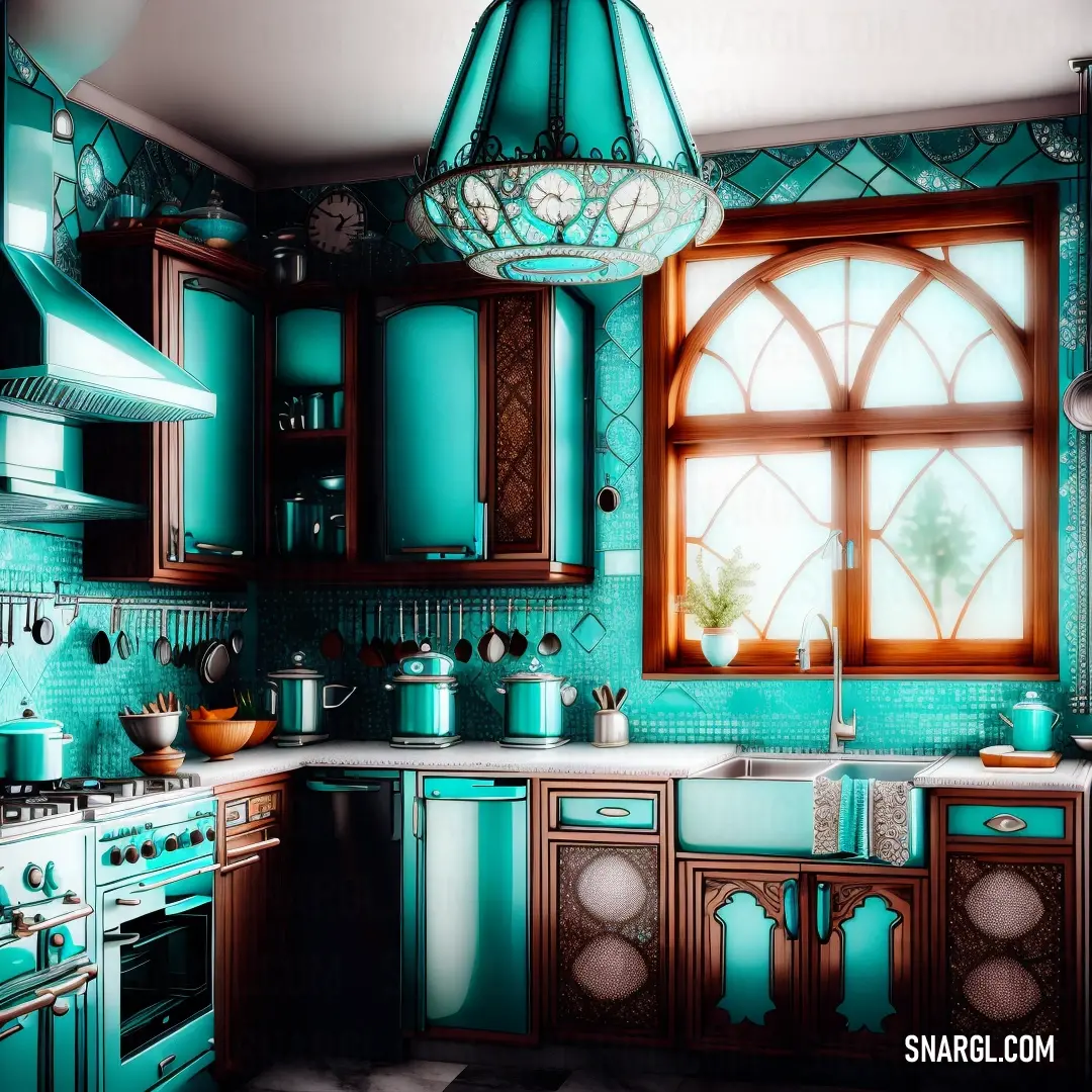 Kitchen with a large window and a blue wall and cabinets and a chandelier hanging from the ceiling