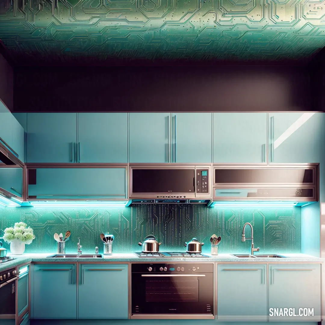 Kitchen with a lot of blue cabinets and a green wallpapered ceiling and a microwave oven and a stove