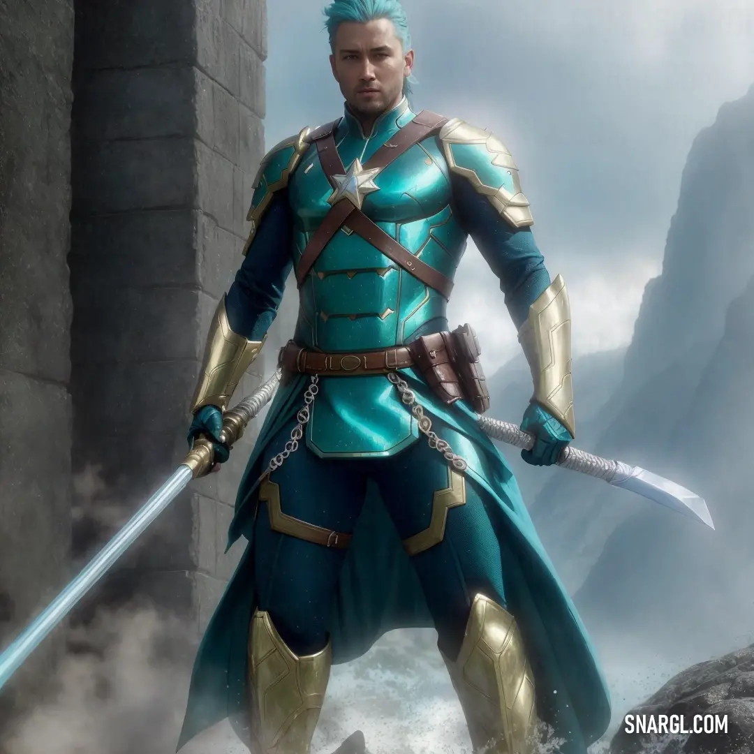 Man in a blue suit holding two swords in his hands and standing on a rock in front of a castle