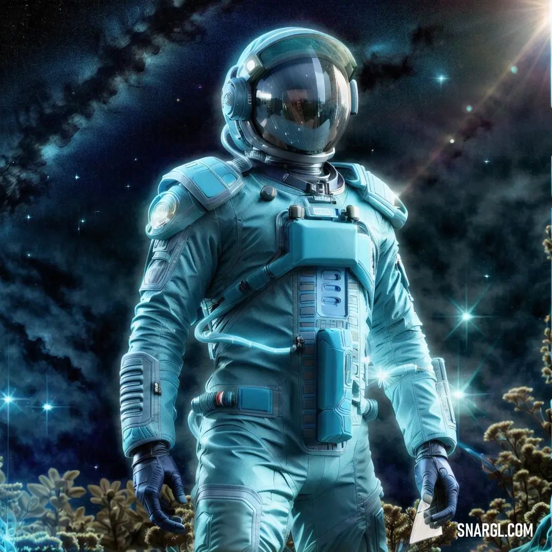 Man in a space suit standing in front of a star filled sky with a bright light behind him