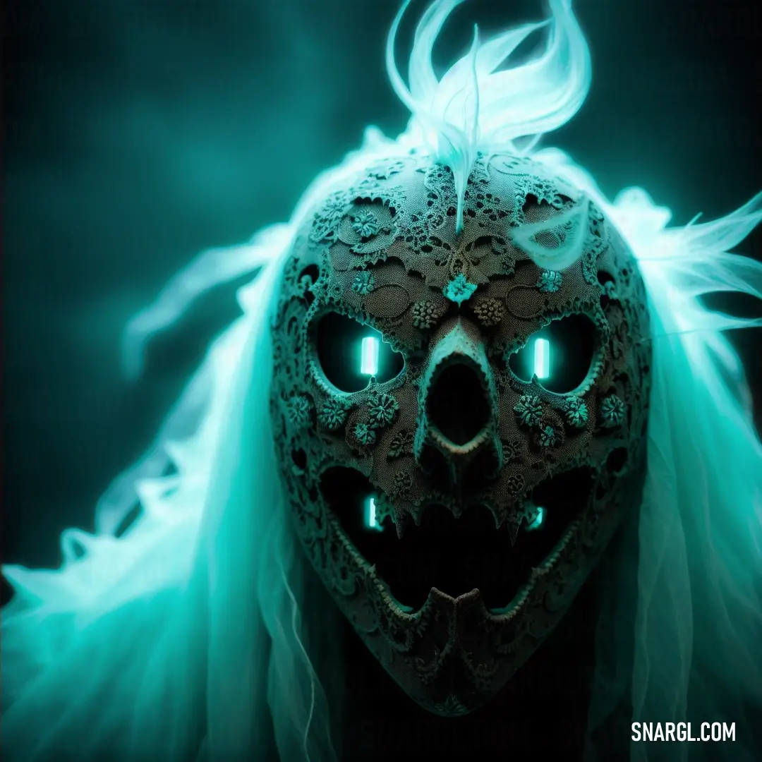 Mask with a green hair and glowing eyes is shown in the dark with a green background and a white feather