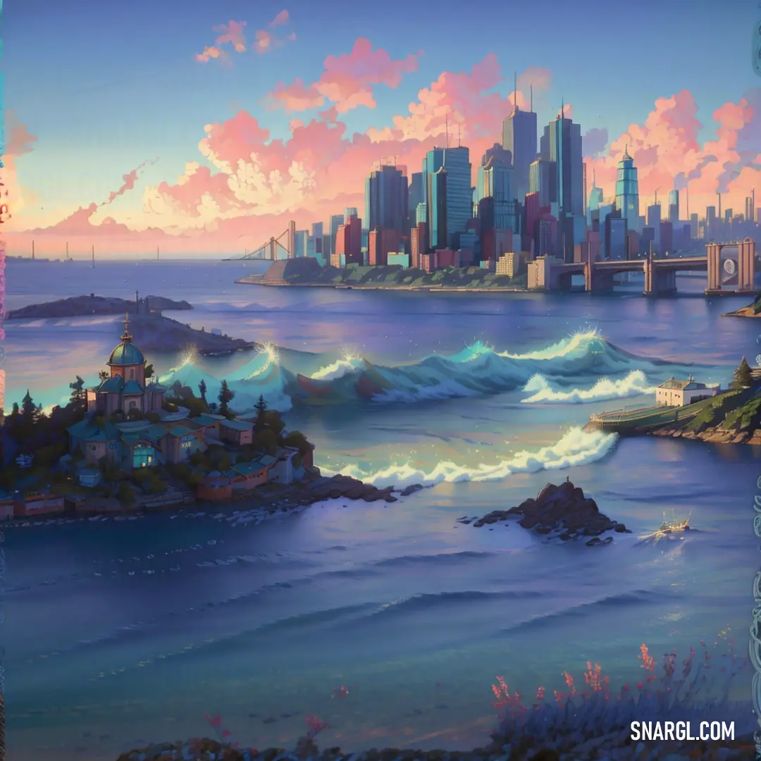 Painting of a city and a body of water with a wave coming in to shore and a pink sky