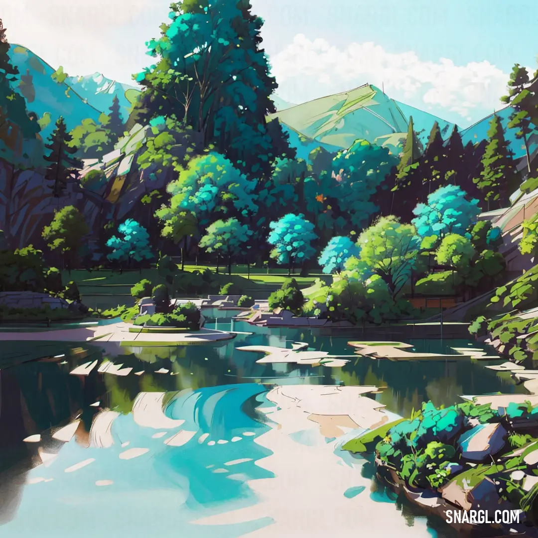 Painting of a lake surrounded by trees and mountains in the background with a blue sky and clouds in the foreground