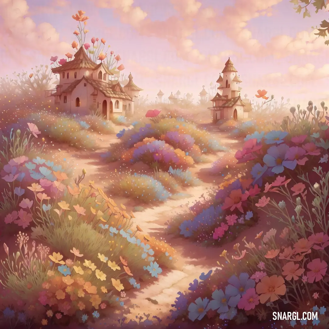 Aqua color example: Painting of a path leading to a house in a field of flowers and butterflies with a sky background