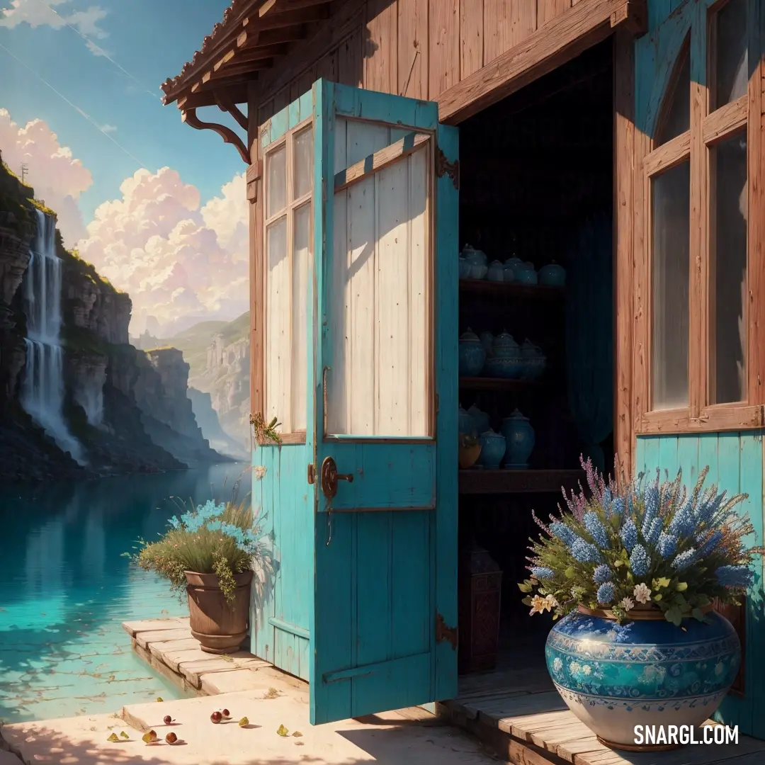 Painting of a waterfall and a lake with a blue door and window with a potted plant in front of it