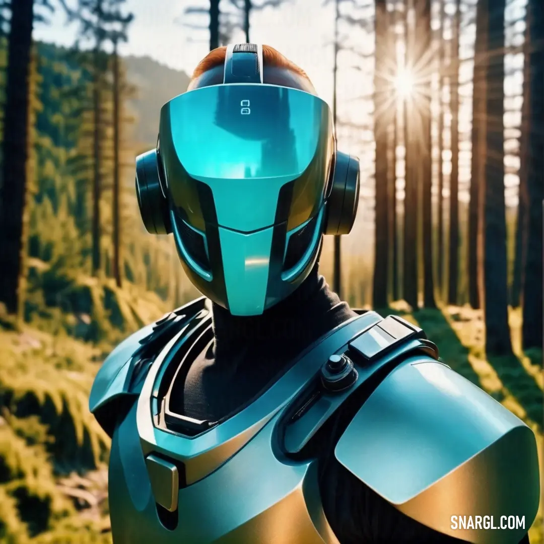 Robot in a forest with the sun shining behind him and a person in a helmet on his head. Example of RGB 0,255,255 color.