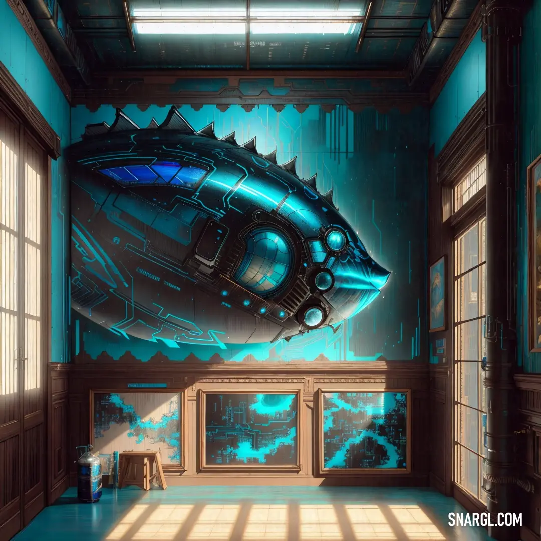 Room with a large painting of a fish on the wall and a window on the floor and a table in the corner