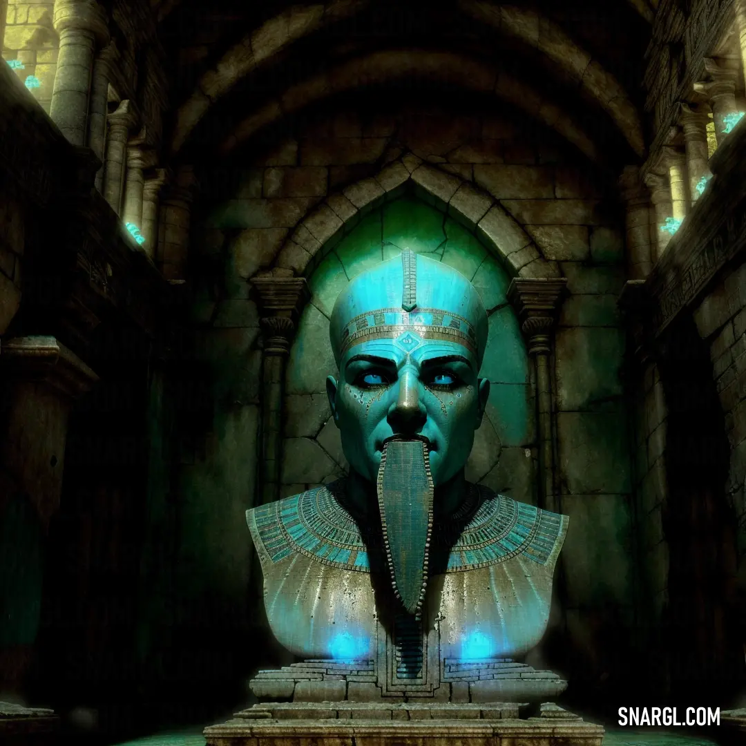 Statue of an egyptian god with a blue light on his face