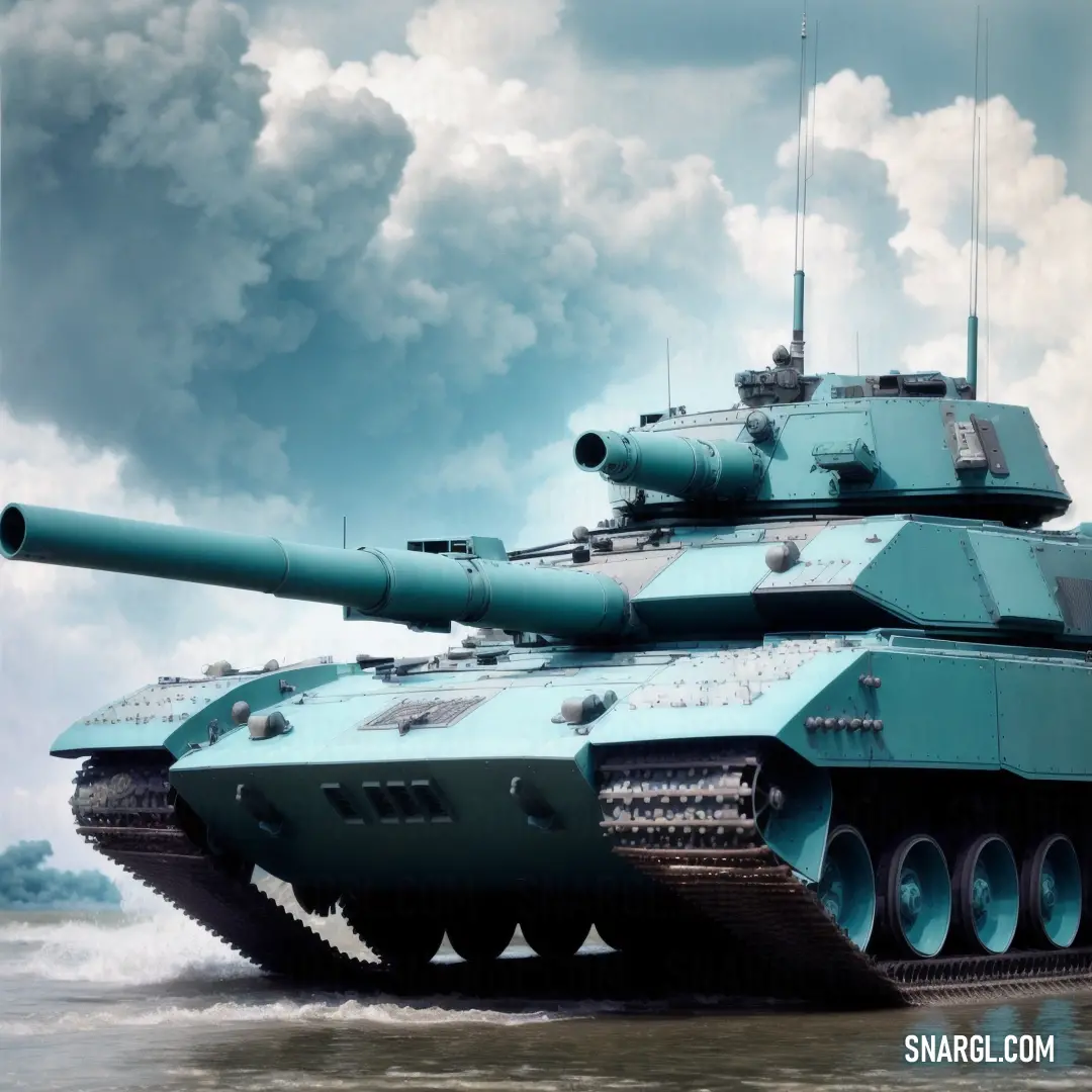 Tank is driving through the water on a cloudy day with clouds in the background and a blue sky