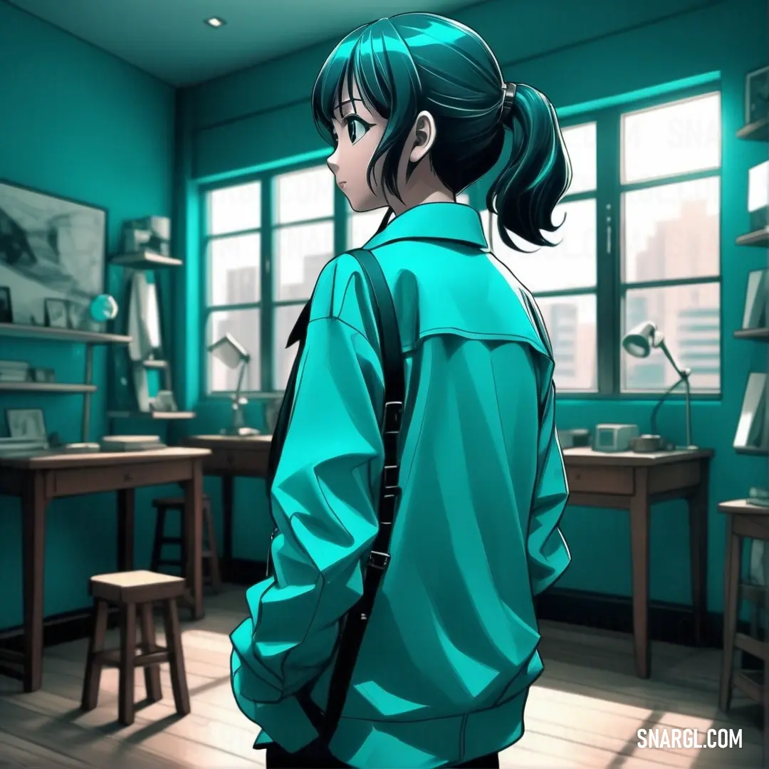 Aqua color example: Woman in a blue jacket looking out a window at a desk with a chair