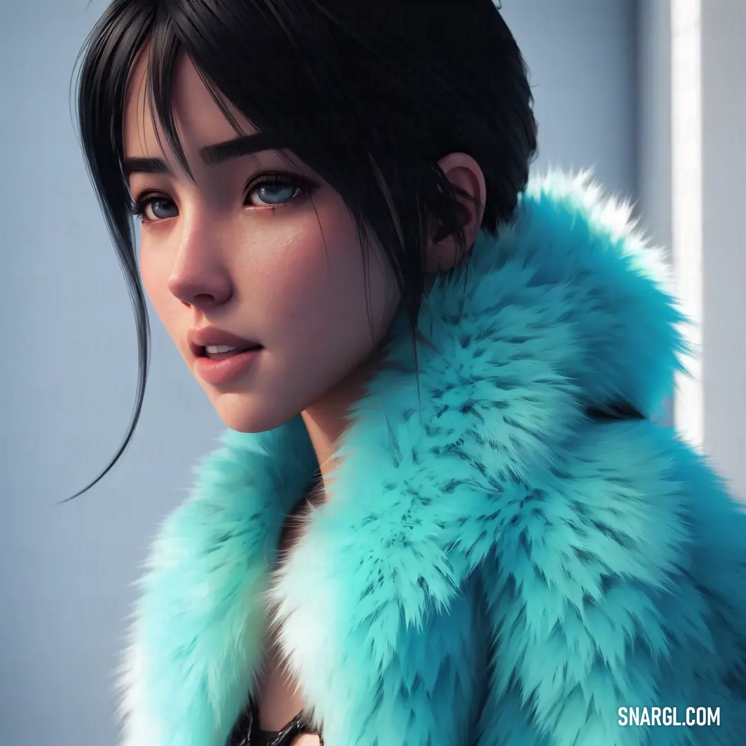 Woman with a blue fur coat and a black hair and blue eyes looks into the distance with a serious look on her face