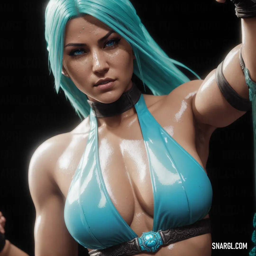 Woman with blue hair and a blue bikini top posing for a picture with a sword in her hand