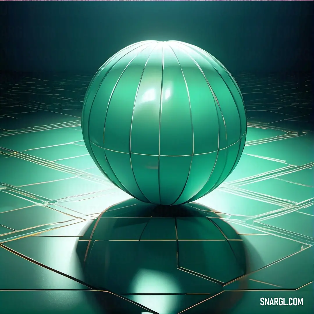 Green ball on top of a tiled floor next to a wall of mirrors and a light shining on the floor. Color CMYK 50,0,17,0.