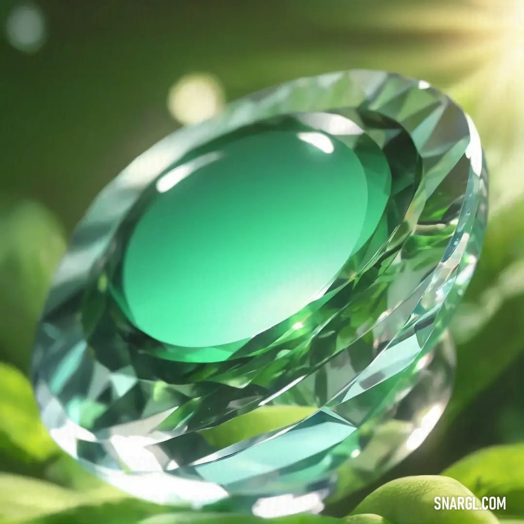Green crystal stone on top of a leafy green plant with sunlight shining through the leaves behind it. Color CMYK 50,0,17,0.
