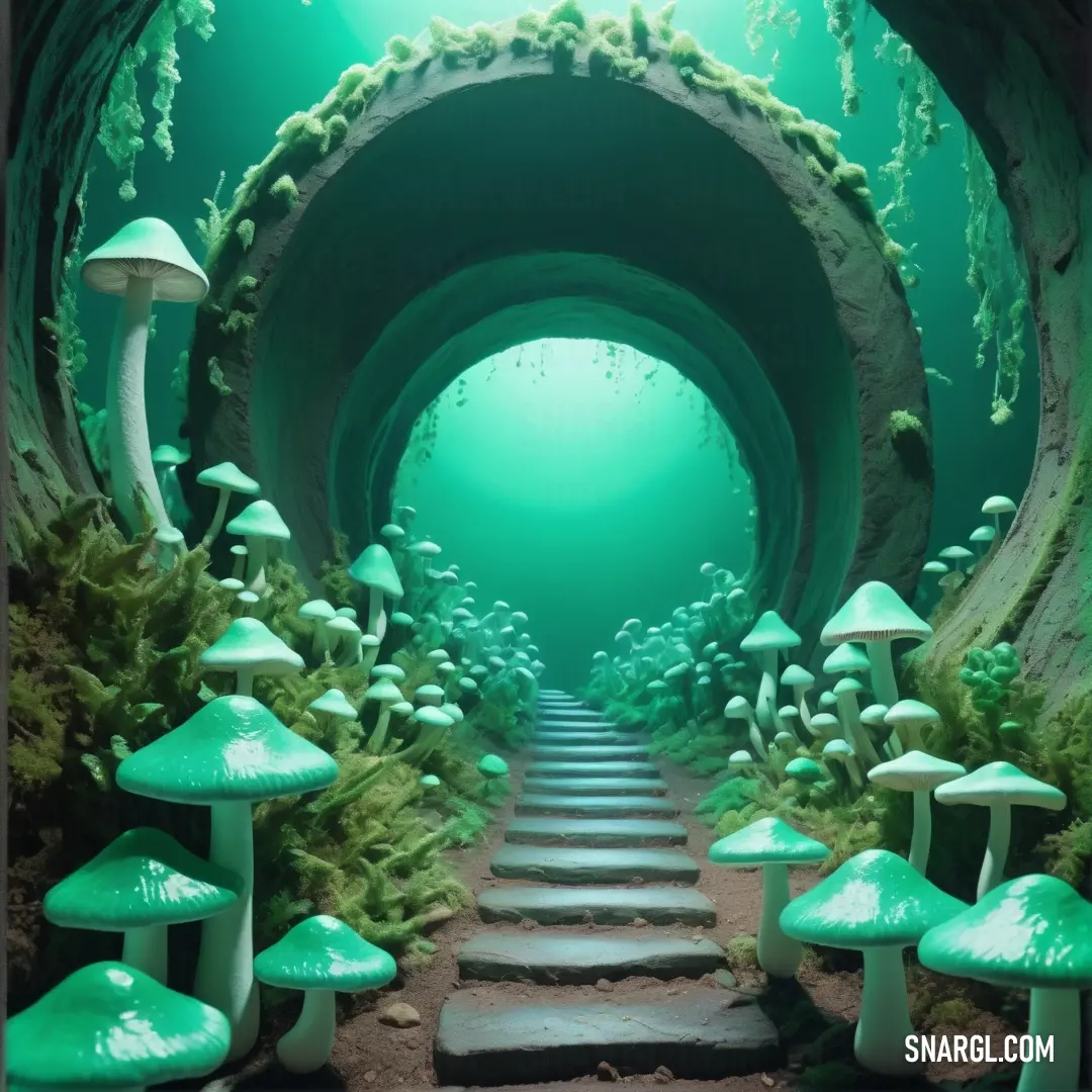 Tunnel with many mushrooms and moss growing on the sides of it. Example of #7FFFD4 color.