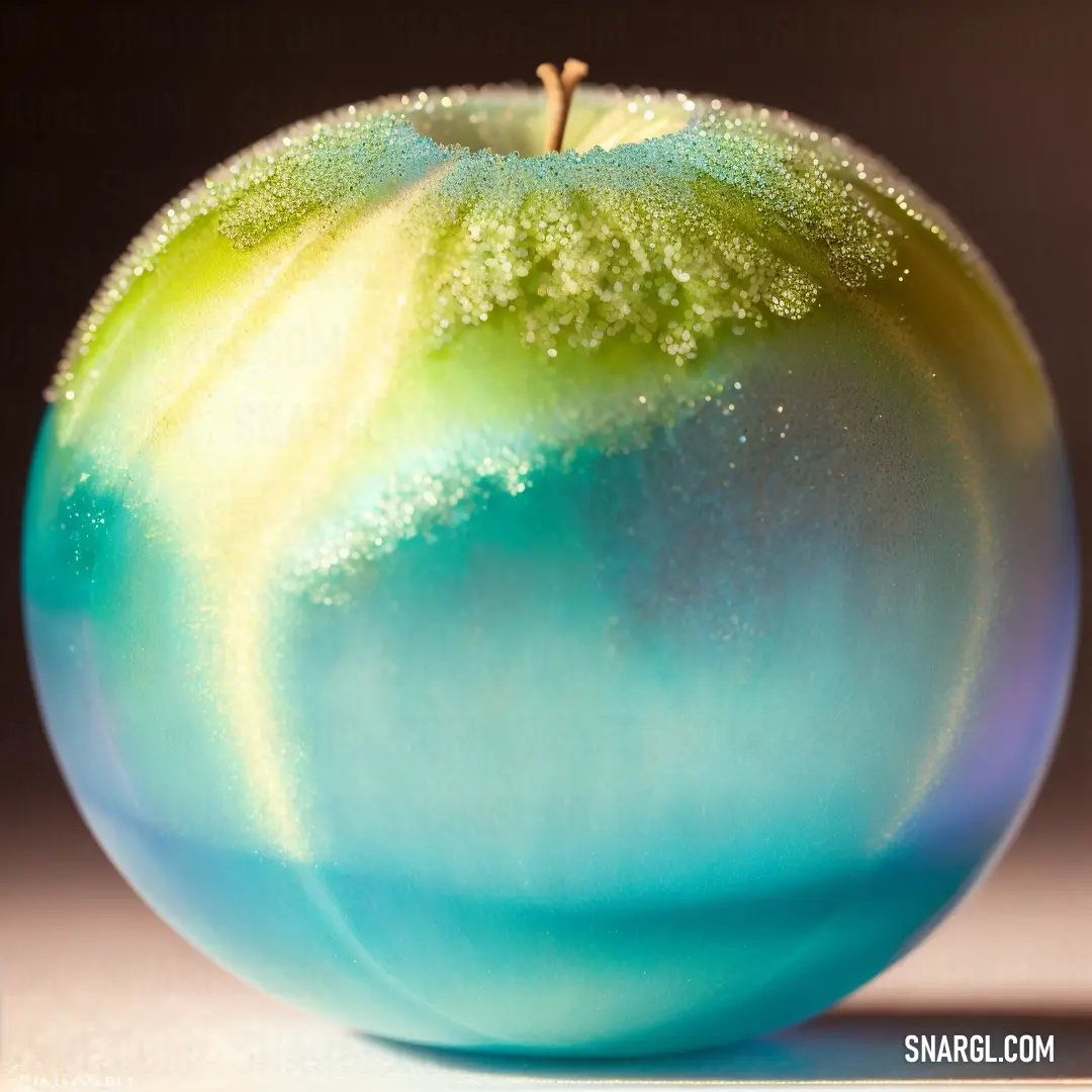 Blue and green apple with a yellow center on a table top with a black background and a shadow
