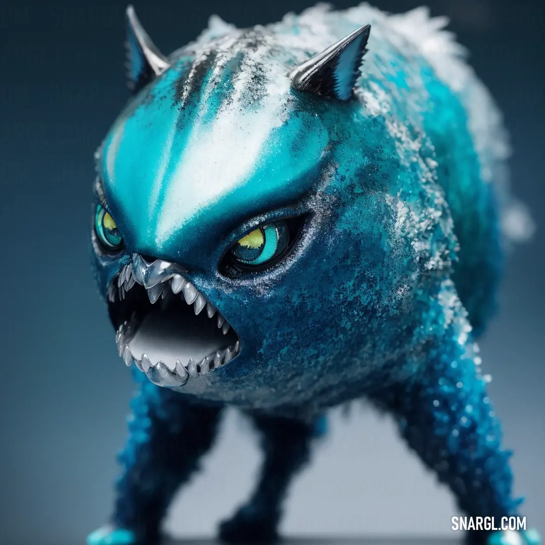 Blue and white monster with big teeth and big teeth on it's face and mouth