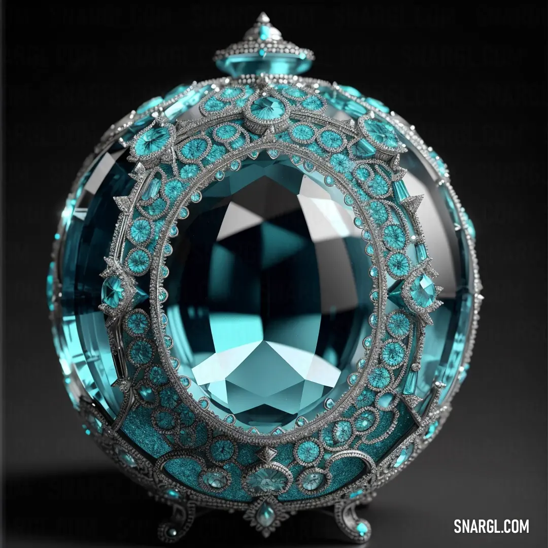 Blue crystal ball with a crown on top of it's head and a black background