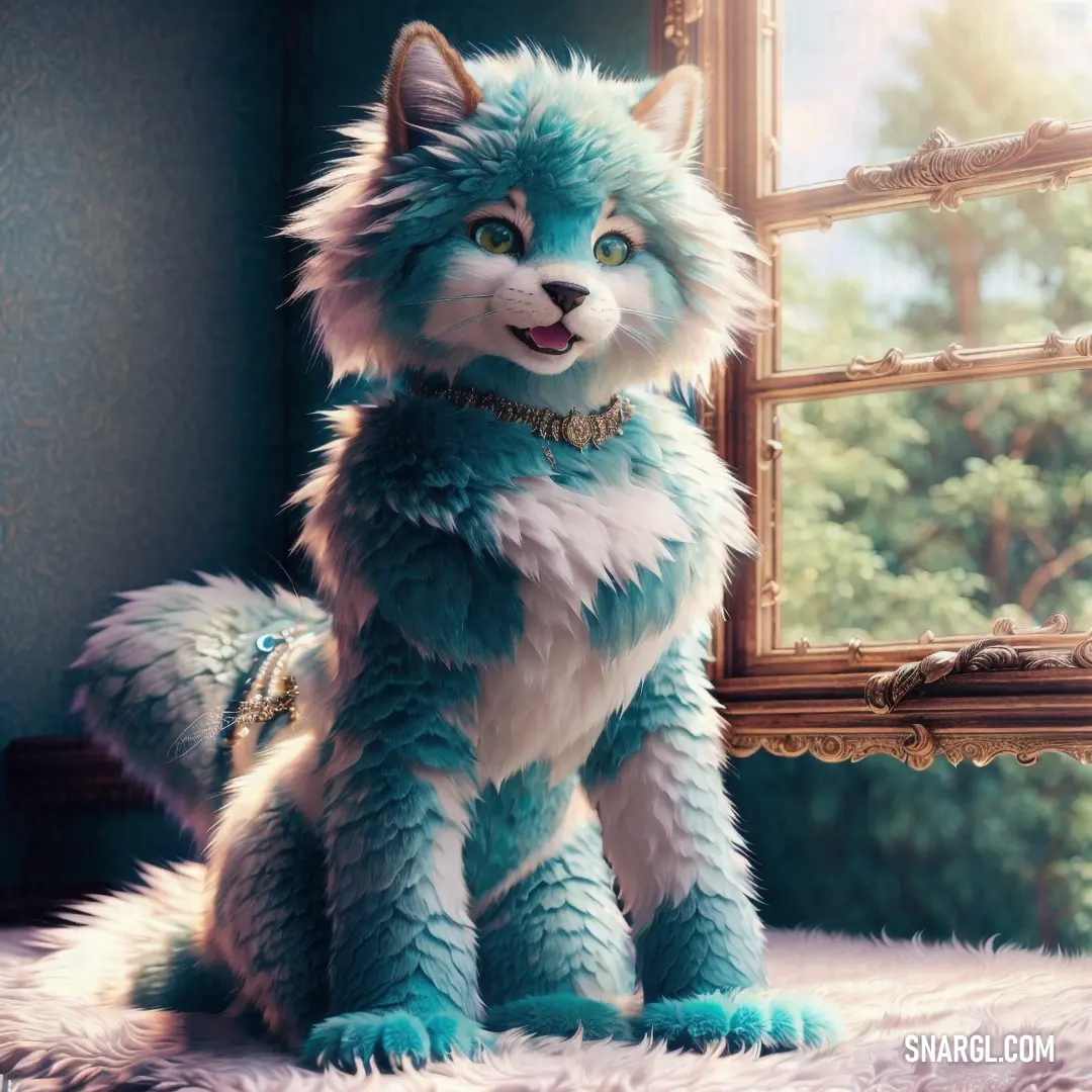 Blue furry cat on a rug next to a window with a gold chain around it's neck