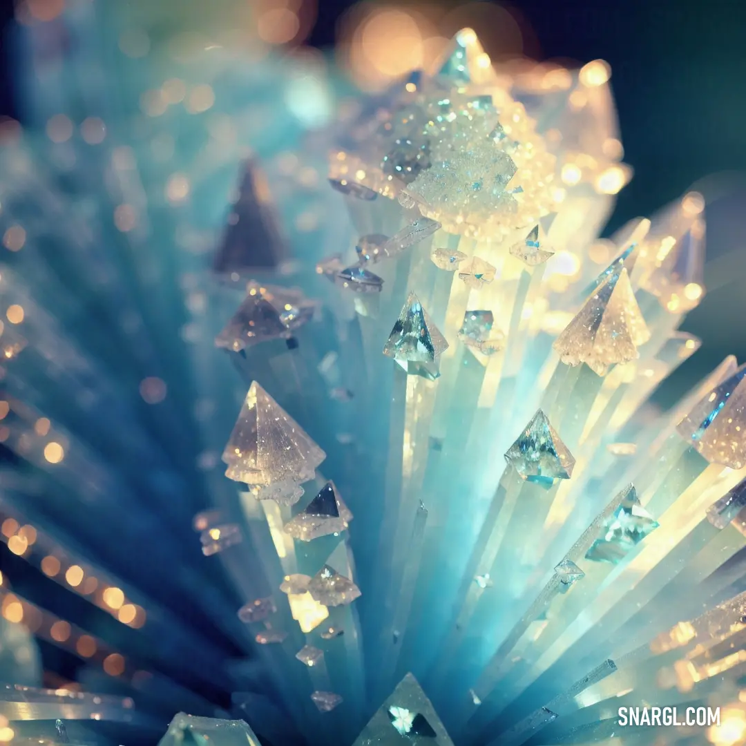 Close up of a blue and white flower with many diamonds on it's petals and a blurry background