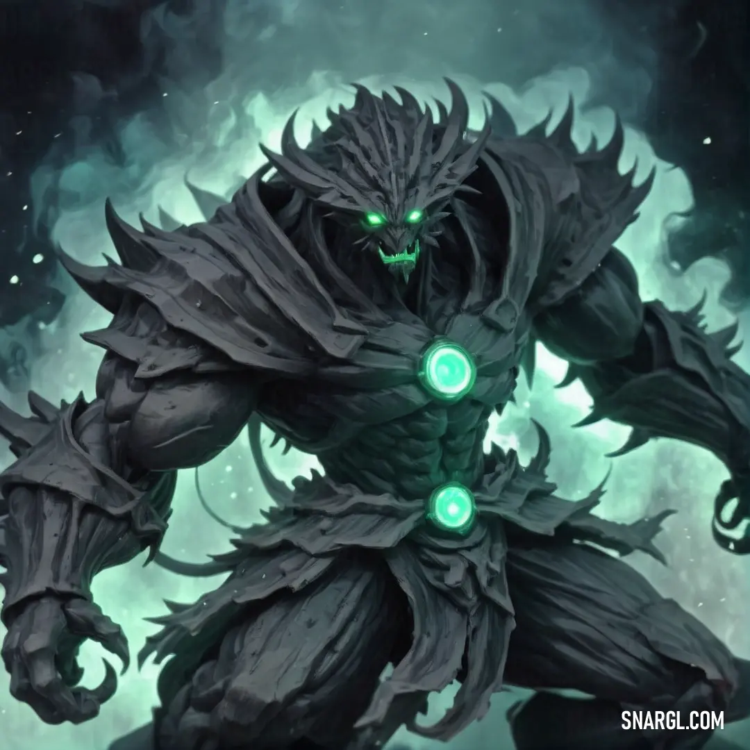 Demonic creature with glowing eyes and a green glowing eyeball in his hands. Example of Aquamarine color.