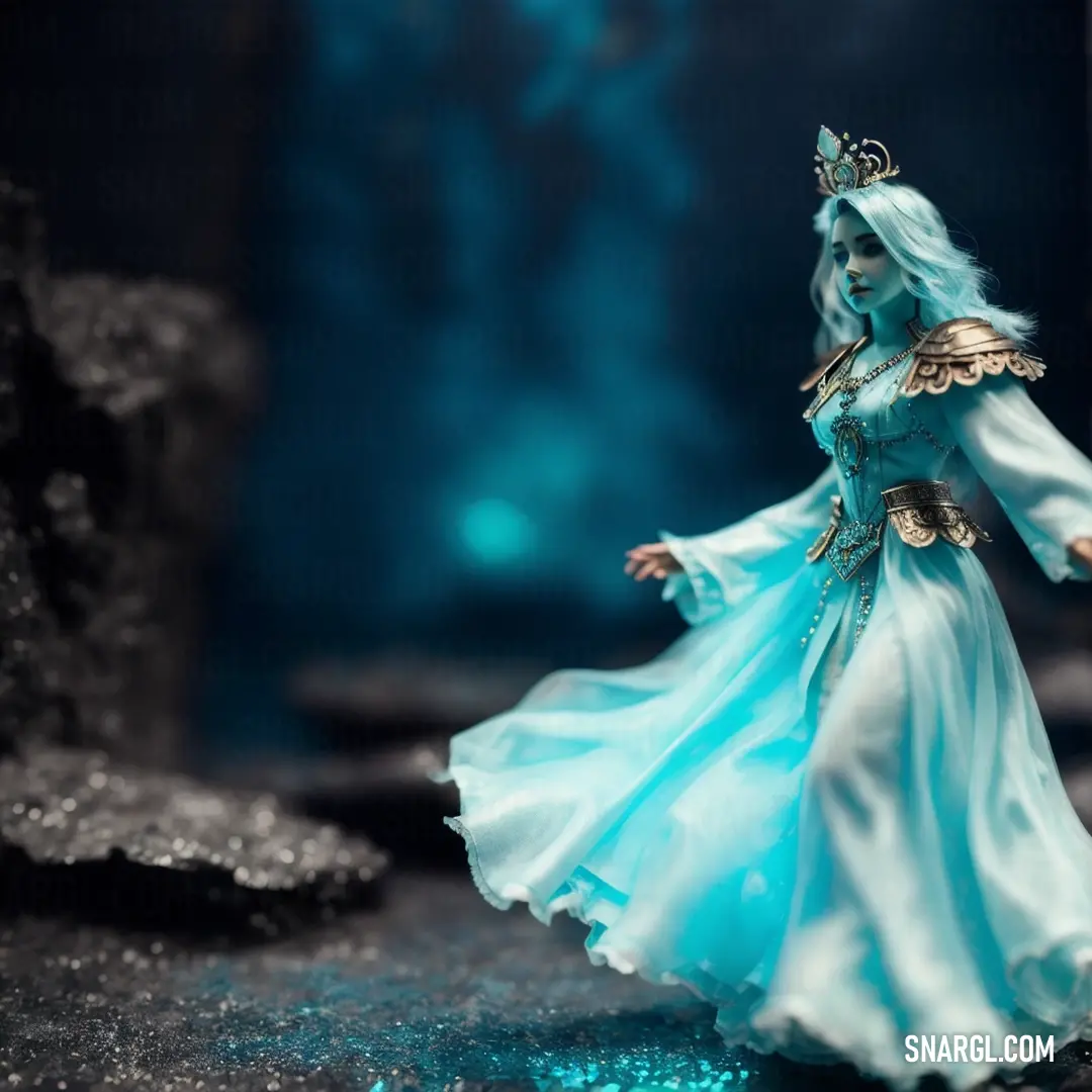 Doll dressed in a blue dress and a crown is standing on a black surface