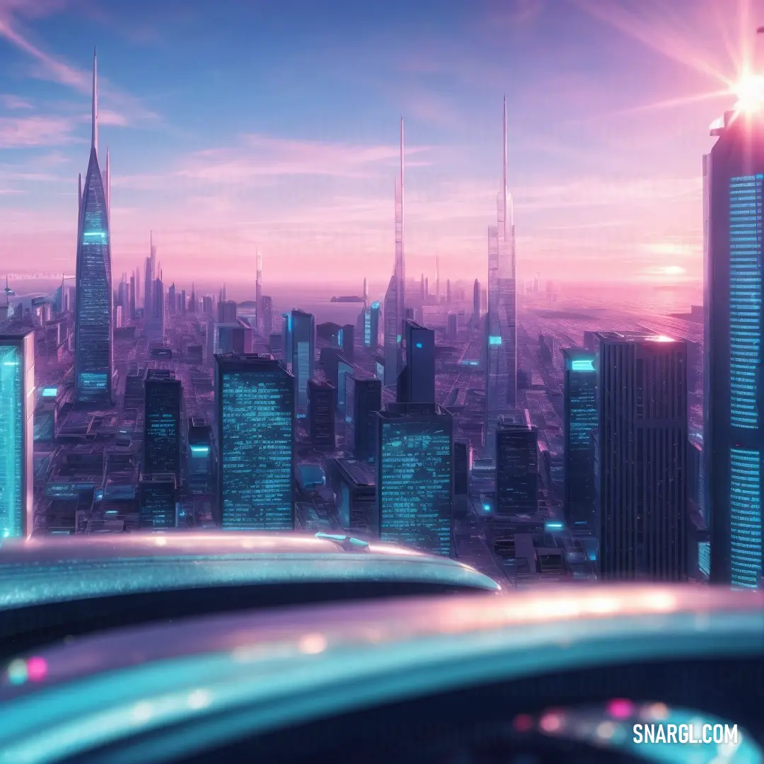 Futuristic city with a futuristic skyscrapers and a bright sun in the background