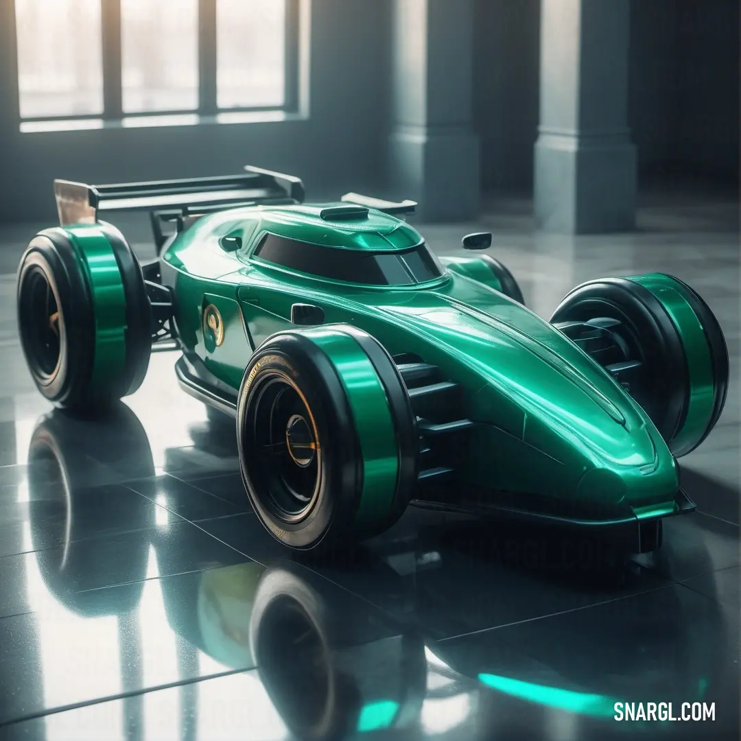 Aquamarine color. Green race car is on a shiny surface in a building with windows and a light shining on it