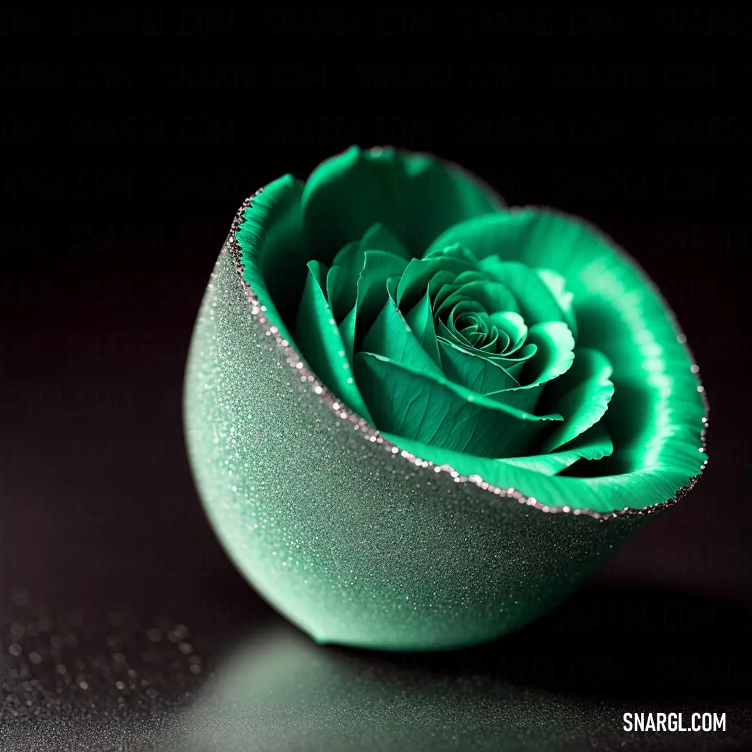 Aquamarine color example: Green rose in a white vase on a table with a black background