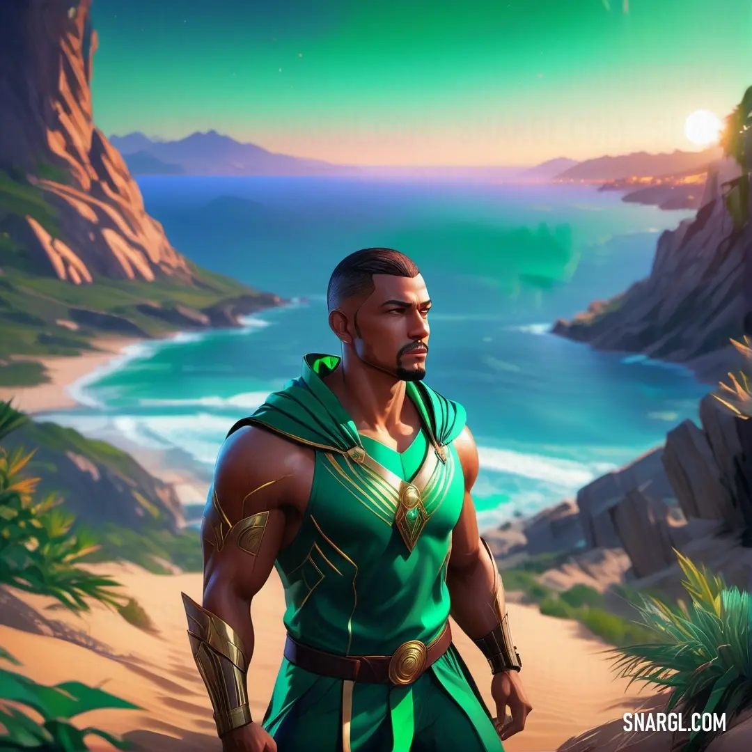 Man in a green outfit standing in front of a mountain and ocean with a green cape on his head. Color RGB 127,255,212.